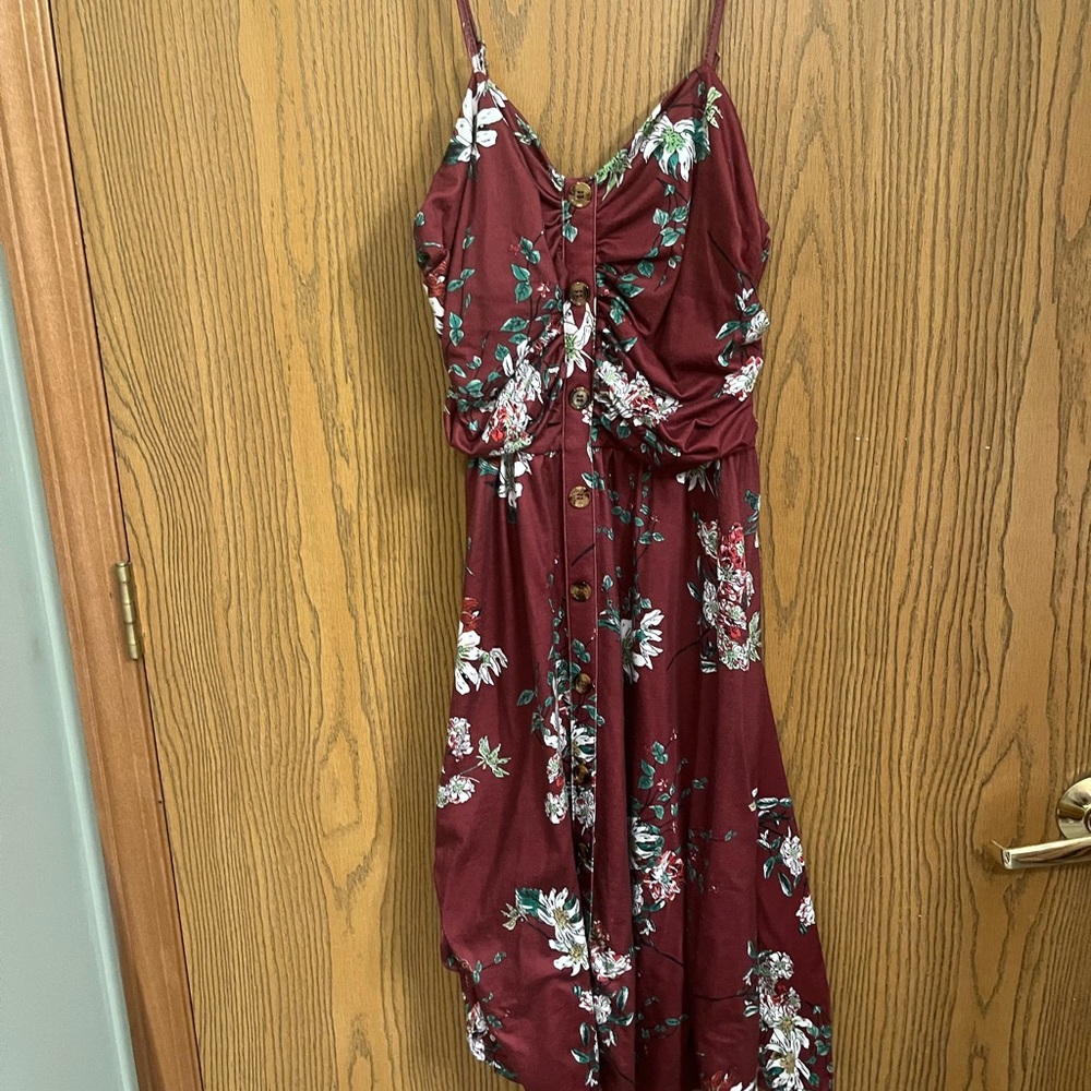 Maroon dress with flowers and button detail